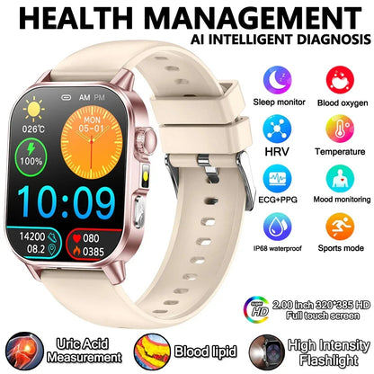 2026 New Model Uric Acid & Lipid Health Analysis Smart Watch Men ECG+PPG Bluetooth Call 2.01-inch Flashlight Smartwatch Women