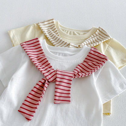 Summer new style baby striped shawl short sleeve wide leg pants two-piece set Korean version girl fashionable suit