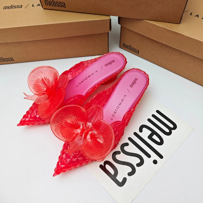 Design Big Butterfly Knot Melissa Women Flat Mules Sandals High Quality Cozy Patent Leather Pointed Toe Back Strap Shoes