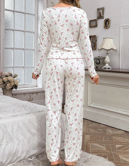 Women Pajamas Set Autumn Winter Sleepwear Round Neck Floral Printed Long Sleeve Tops and Trousers Home Wear Loungewear