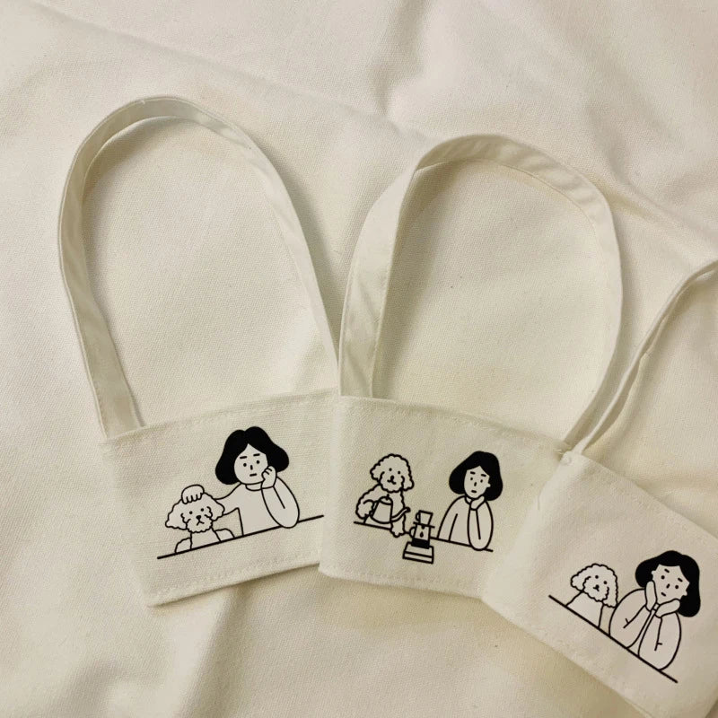 【Portable Water Bottle Holder Carry Bag Coffee Cup Storage Sleeve Cover Canvas Printing Milk Tea Set Drinking Bottle Strap】