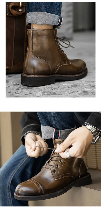 Men Boots 2025 American style Comfortable Fashion Leather Boots Lace up men's short boots motorcycle boots