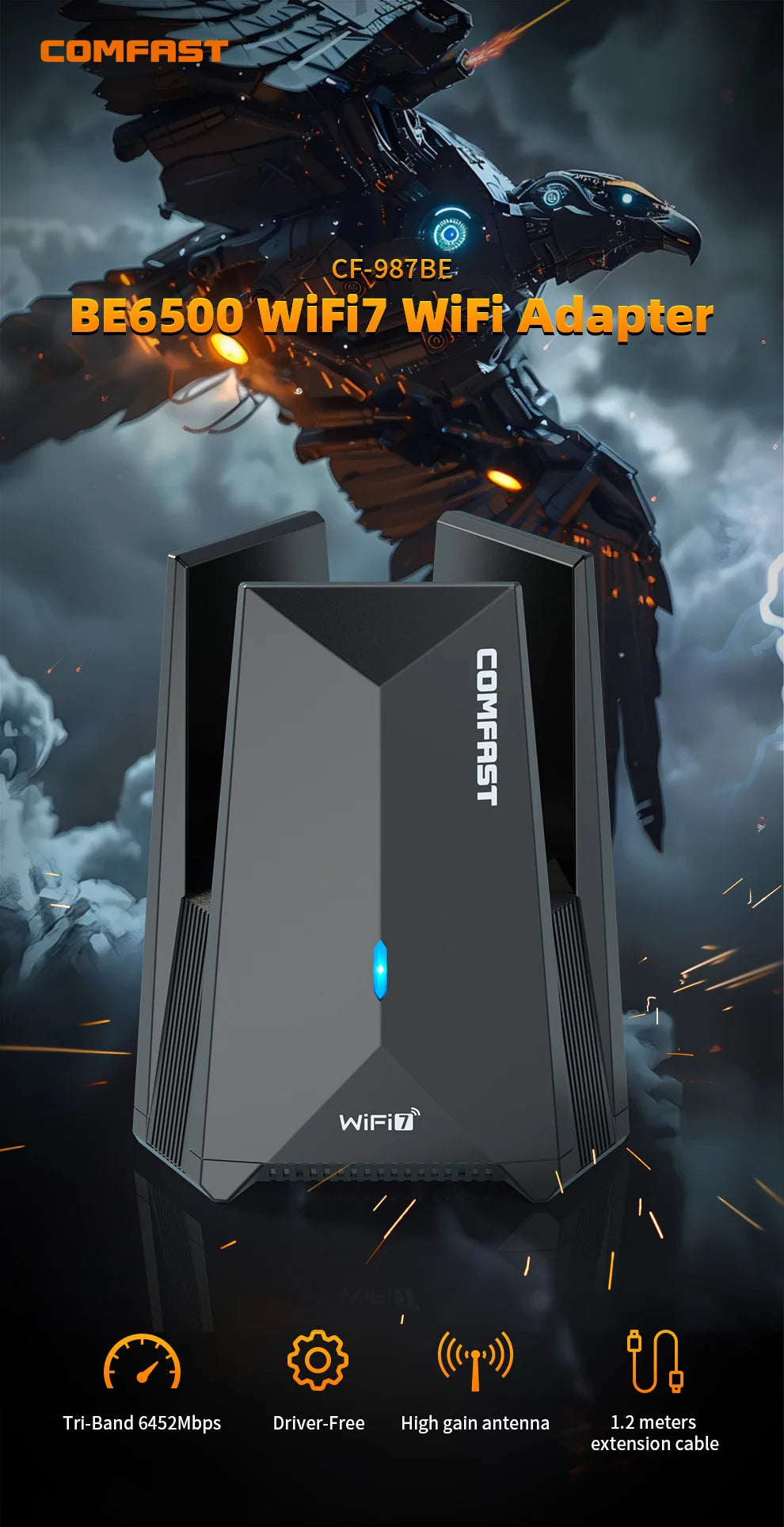 COMFAST USB WiFi 7 Wi-fi adapter 6452Mbps Network Card USB3.0 Tri-band Wifi Dongle 2.4G/5.8G/6G Driver-Free For PC Win10/11