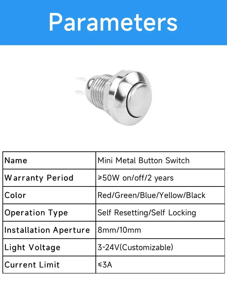 8mm 10mm metal button mini small switch dustproof self resetting point action ball head circular micro start solder foot 3-24V