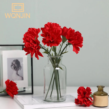 5PCS,Red Carnations Artificial Silk Flowers Bouquet Wedding Party Home Decorations Fake Flowers Photo Props Mother's Day Gift
