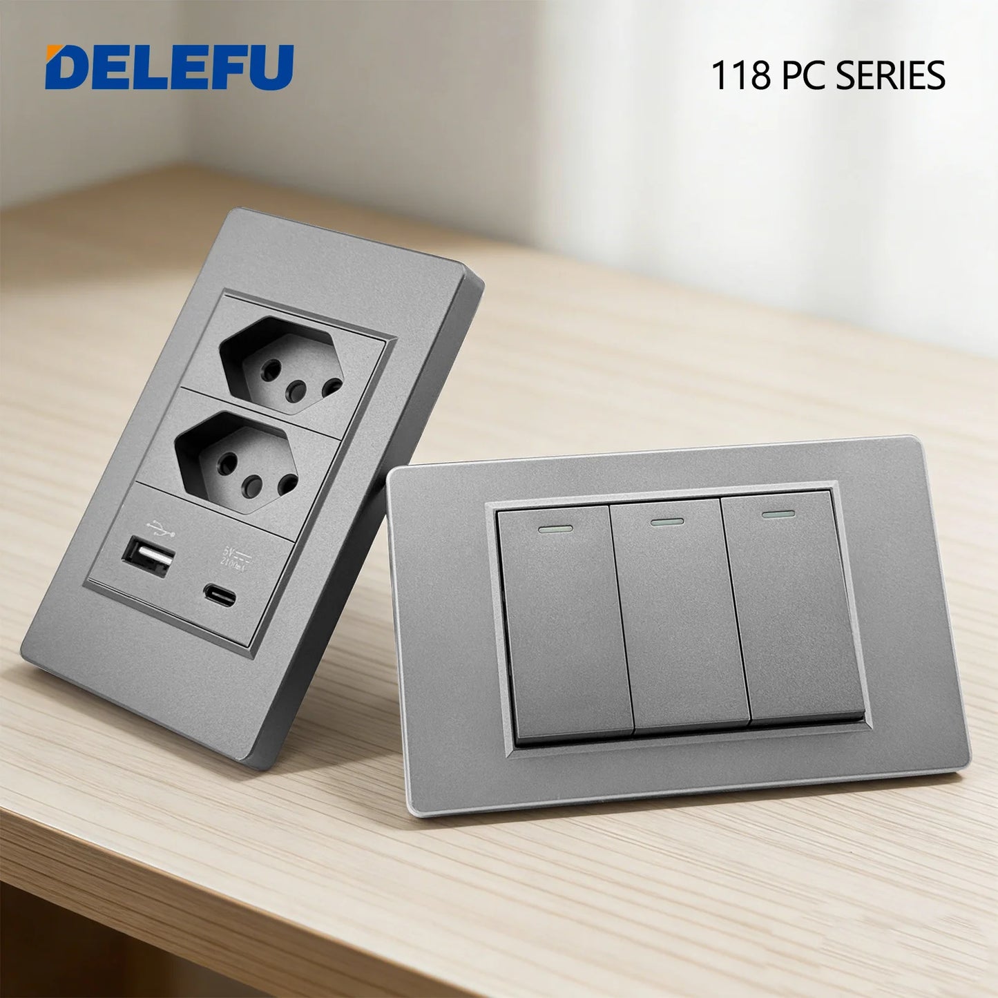 DELEFU Grey PC Panel Brazil Standard Wall Power Socket Double USB Type C Outlet Light Switch Home Office Electrical Plug 10A 20A