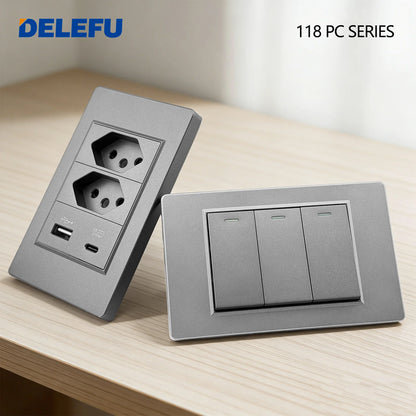 DELEFU Grey PC Panel Brazil Standard Wall Power Socket Double USB Type C Outlet Light Switch Home Office Electrical Plug 10A 20A