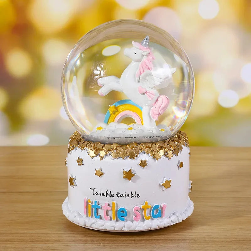 Unicorn Crystal Ball with LED Light Music Snow Globe Musical Box Resin Desktop Decoration Gift for Girls Kids Christmas Birthday