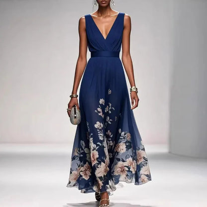 New Fashion Party Dresses Deep V Neck Floral Printing Ruffle Sleeveless A Line Beach Dress High Waisted Summer Sexy Womens Dress