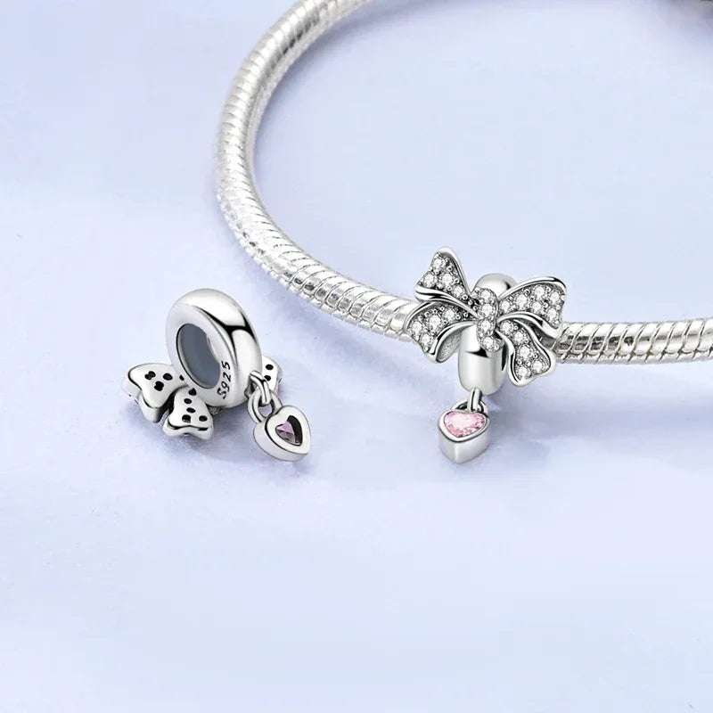 925 Silver Valentine's Day Charms Bead Sparkling Sweet Heart Rose Bear Charm Fit Original Bracelet Bangle Woman DIY Jewelry Gift