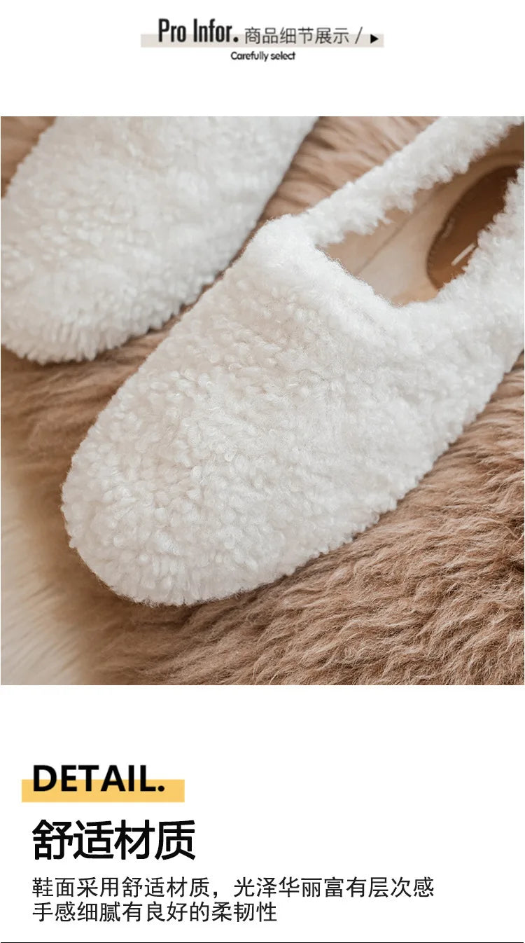 Big Size 43 Women Lambswool Slippers Winter Sheep Fur Shoes Ladies Flat Cotton Slides Home Pantuflas Daily Slip On Furry Mules