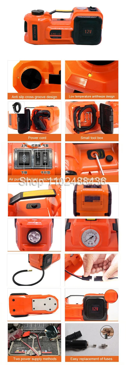 12V 5T Electric Car Hydraulic Jack with Tire Inflator Pump and LED Light  3 in 1 Lift jacks With Safe Hammer Tool Kit