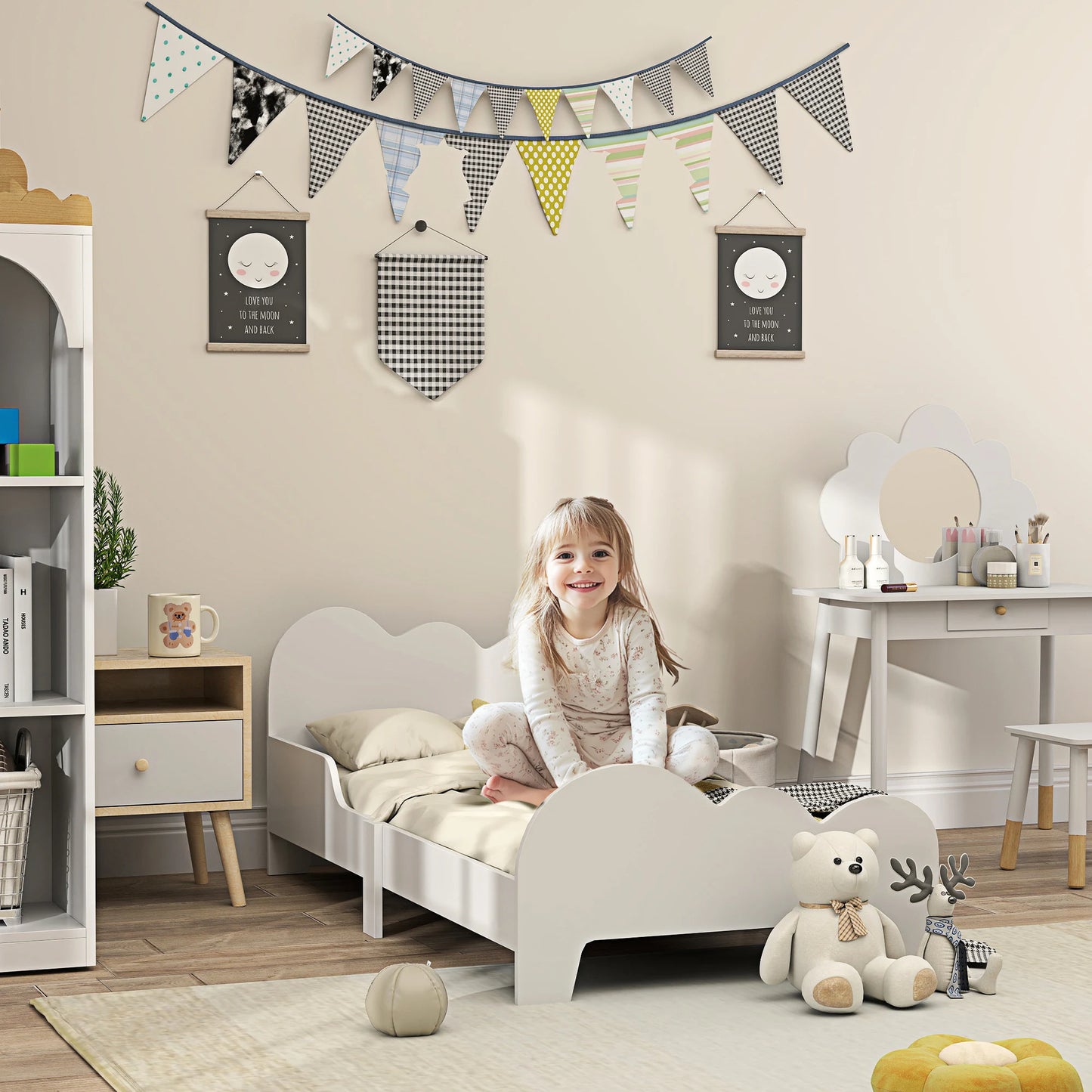 Aiyaplay Bed for Children +3 Years Old 140X70 cm Children's Bed Frame Cloud Theme with Guardrail for Bedroom White