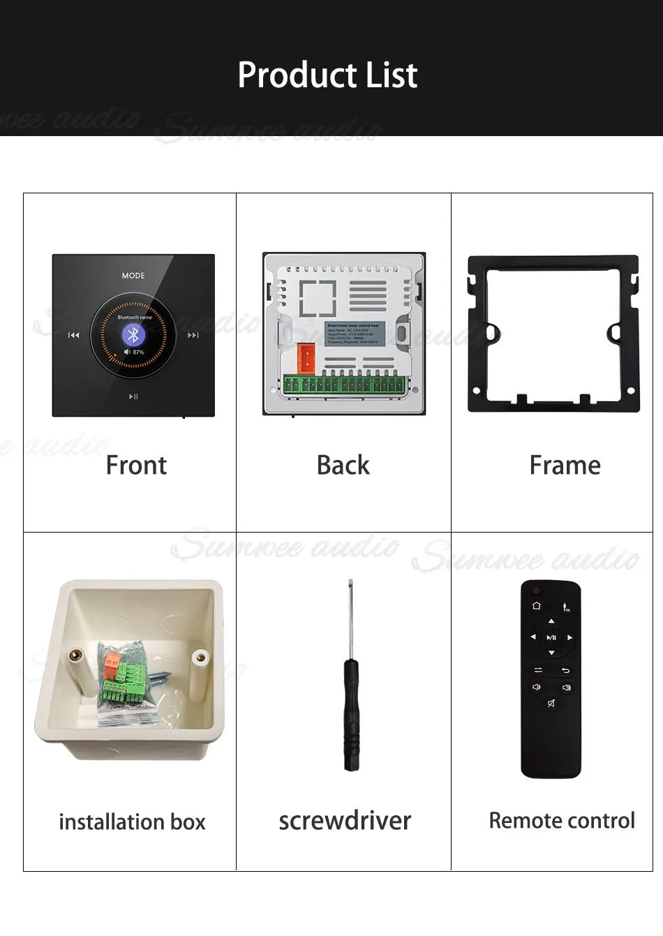 Home Background music player system audio in wall power amplifier bluetooths TF USB FM radio AUX controls panel ceiling speakers