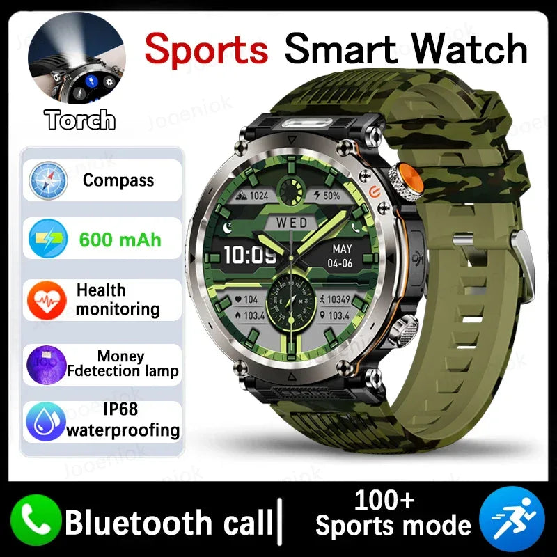 2026 New Outdoor Sports Smartwatch Men Compass 600mAh LED Flashlight Bluetooth Call 3ATM Waterproof Smartwatch For Android iOS