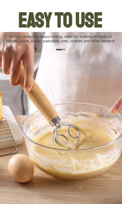 304 Stainless Steel Dough Whisk with Smooth Wooden Handle Sourdough & Bread Mixing 13 Inch Danish Dough Whisk Bread Tools