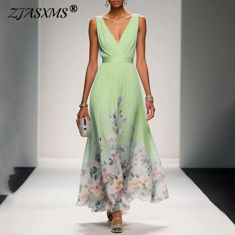 New Fashion Party Dresses Deep V Neck Floral Printing Ruffle Sleeveless A Line Beach Dress High Waisted Summer Sexy Womens Dress