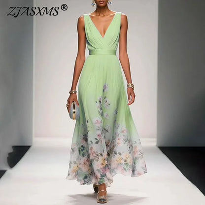 New Fashion Party Dresses Deep V Neck Floral Printing Ruffle Sleeveless A Line Beach Dress High Waisted Summer Sexy Womens Dress