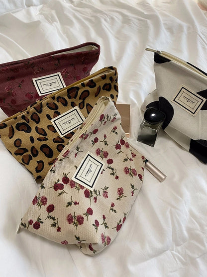 Cosmetic Bag Women Floral Makeup Case Organizer Korean Embroidery Cosmetic Pouch Travel Toiletry Bag Corduroy Canvas Beauty Case
