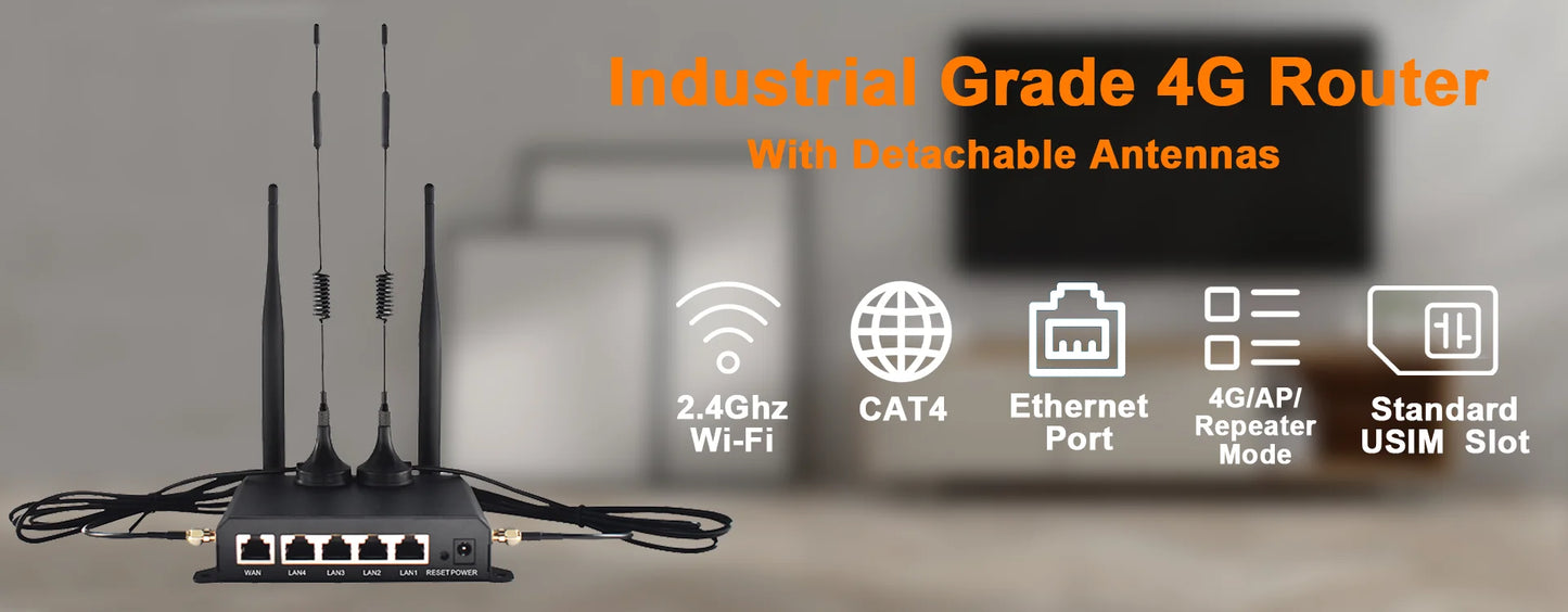 KuWFi 300Mbps Outdoor LTE Router CAT4 4G Router Wireless Wi-Fi Detachable External Antenna WAN LAN Port Support 24V POE 64 Users
