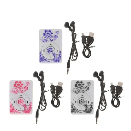 Mini Clip Floral Pattern Music MP3 Player 32GB Card With Micro SD TF Card Clip Design Digital Music Mini USB Cable + Earphone