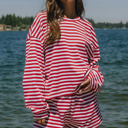 Combhasaki Women 2Piece Striped Y2k Outfits Set Casual Long Sleeve Crew Neck Shirt Tops+Elastic Waist Wide Leg Shorts Tracksuits