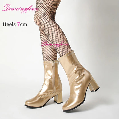 Sexy Gogo Boots 60s 70s Square Heel Ankle Classic Round Toe Boots Shiny Golden Zip Boots Unisex Party Dress Dance Shoes Woman