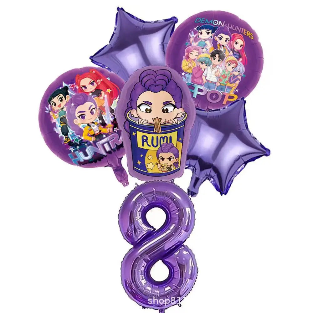 K P Foil Balloon Set Girl Group 1-9 Number & Purple Star Balloons Character Cake Toppers for Birthday Party & Photo Props