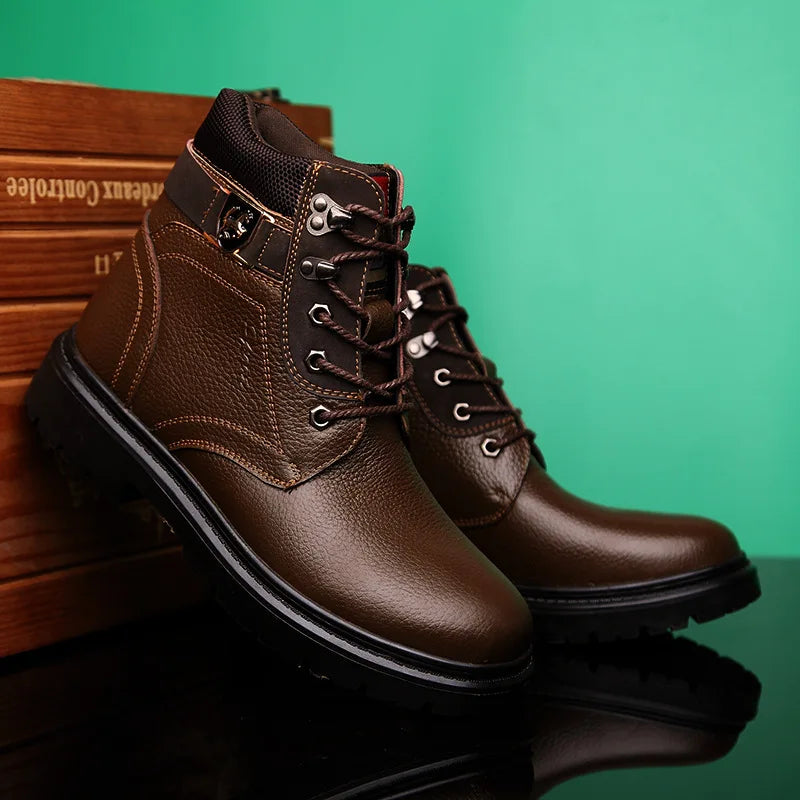 2025 Man's Genuine Leather Boots Winter Snow Shoes Wool Inner Anti Slip Father Ankle Boots Waterproof Man Snow Boots