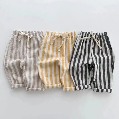 K230124 Unisex Baby Boys Girls Elastic Waist Striped Casual Pants Korean Style Infant Toddler Summer Trousers