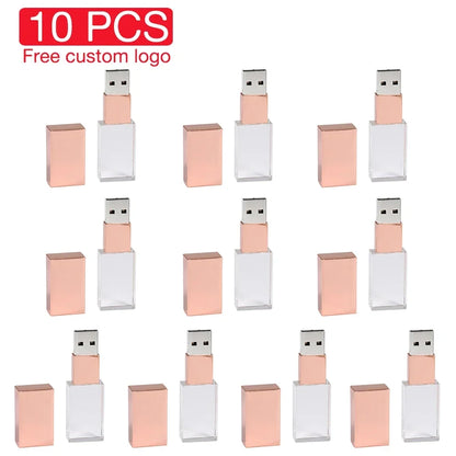 10PCS/LOT Crystal USB 2.0 Wedding Gift Flash Drives Free Custom Logo Pen Drive 100% Real Capacity Stick 128GB 8GB 16GB 32GB 64GB
