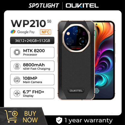 OUKITEL WP210 8800mAh 45W Rugged Phone - MTK 8200, 36GB+512GB, 6.7" FHD+, NFC, 108MP Camera Android15 5G Smartphone