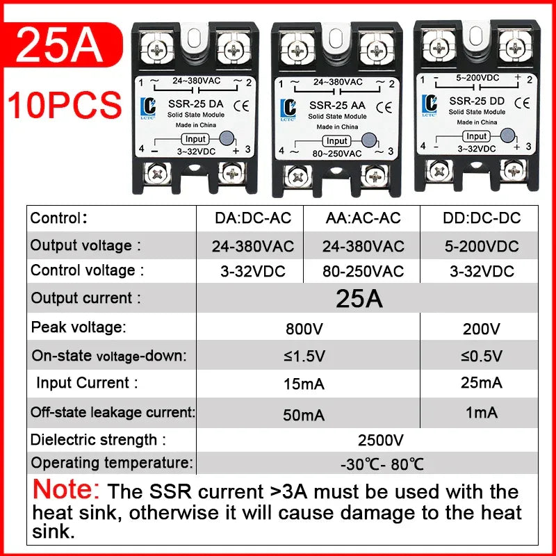 LCTC 10PCS SSR 10A 25A 40A 50A 60A 80A 100A Solid State Relay DC To AC AC To AC DC To DC Single Phase Control Relay