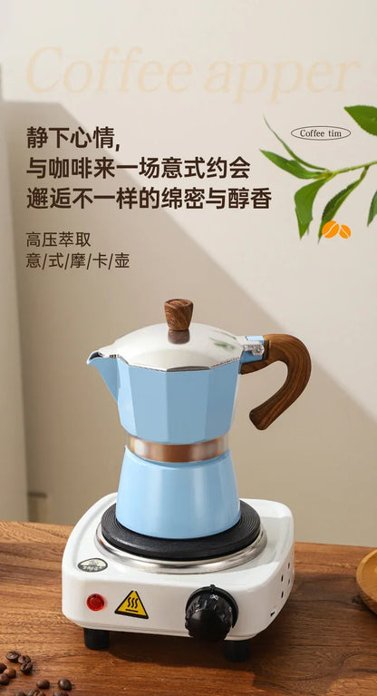 Electric Octagonal 3 Cup Black Coffee Maker Double Valve Moka Coffee Pot Espresso Aluminum Alloy Stainless Steel Moka Pot Set