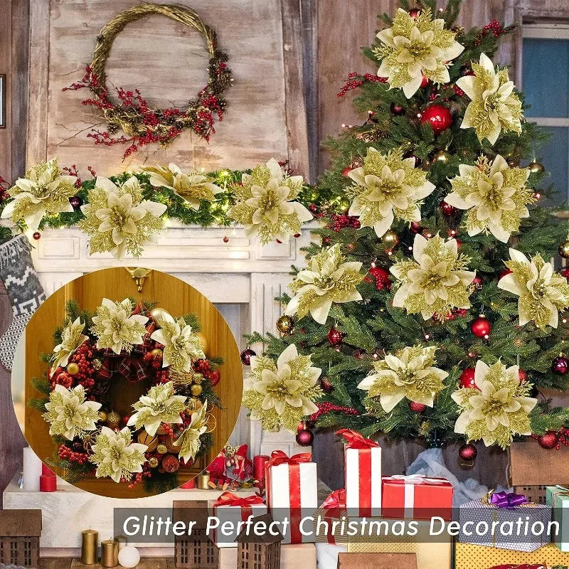 10/1Pc Christmas Glitter Artificial Flowers DIY Christmas Tree Hanging Ornaments Fake Flower For Xmas New Year Party Decor Gifts