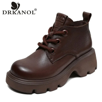 DRKANOL Luxury Design Genuine Leather Ankle Boots For Women Platform Casual Short Boots Women Winter Thick High Heel Warm Shoes