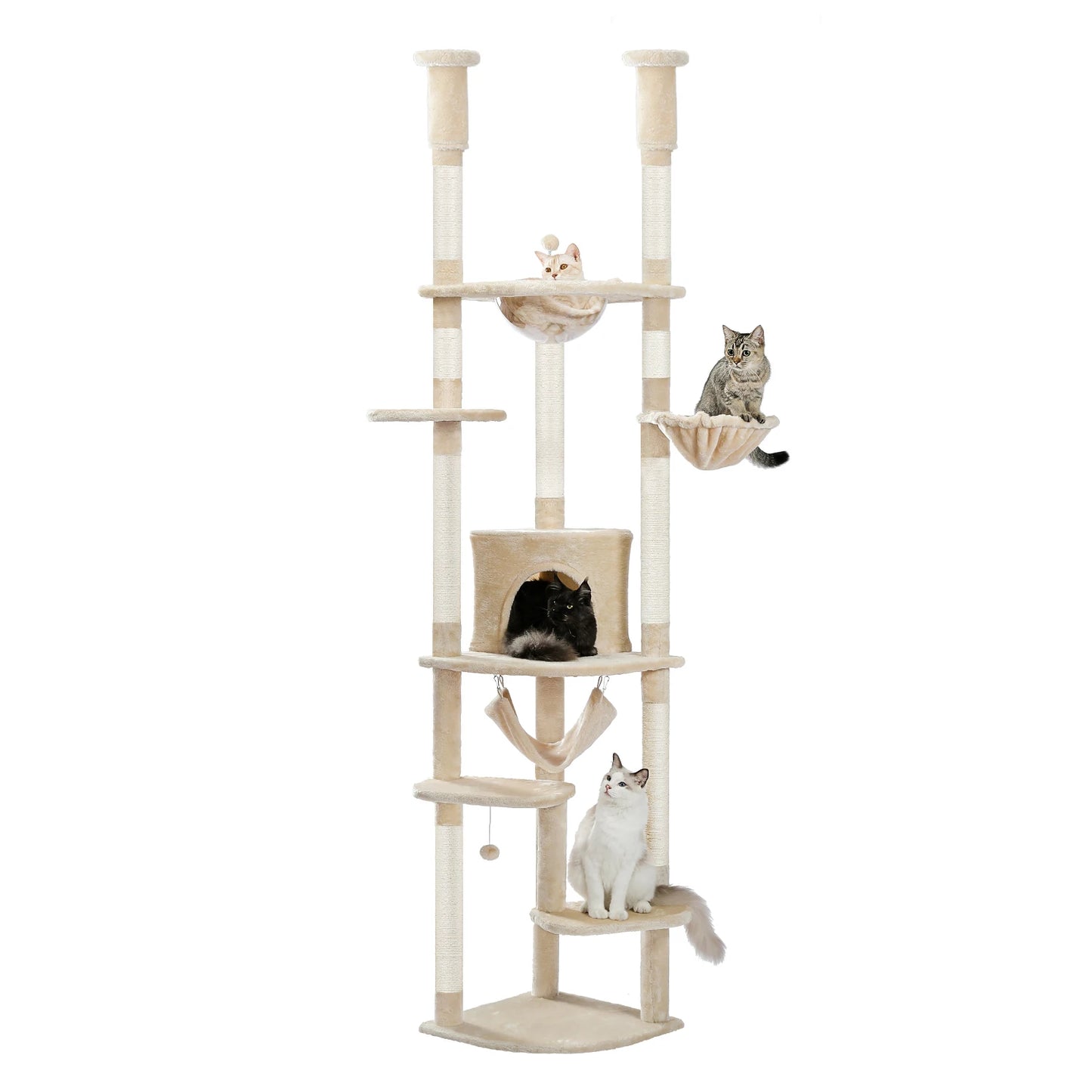 Floor to Ceiling Cat Tree Adjustable Cat Tower Tall Kitty Climbing Play House with Scratching Posts Cozy Condo Perches Hammock