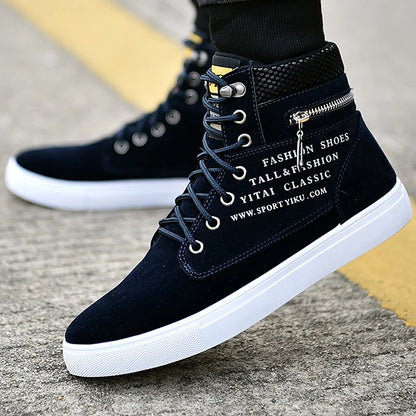 Black Vulcanized Sneakers Men's Flat Comfortable Shoes Lace up Zapatillas Hombre Autumn Spring High Top Sneakers Plus Size 38-48