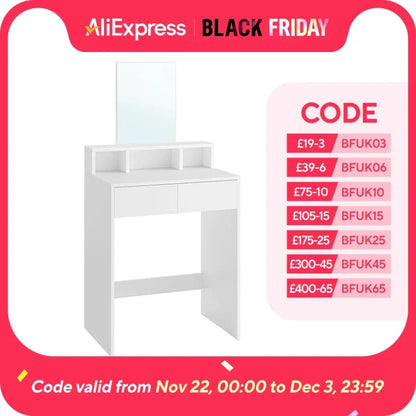 VASAGLE Dressing Table with Large Rectangular Mirror, Vanity Table with 2 Drawers and 3 Open Compartments, Vanity Table