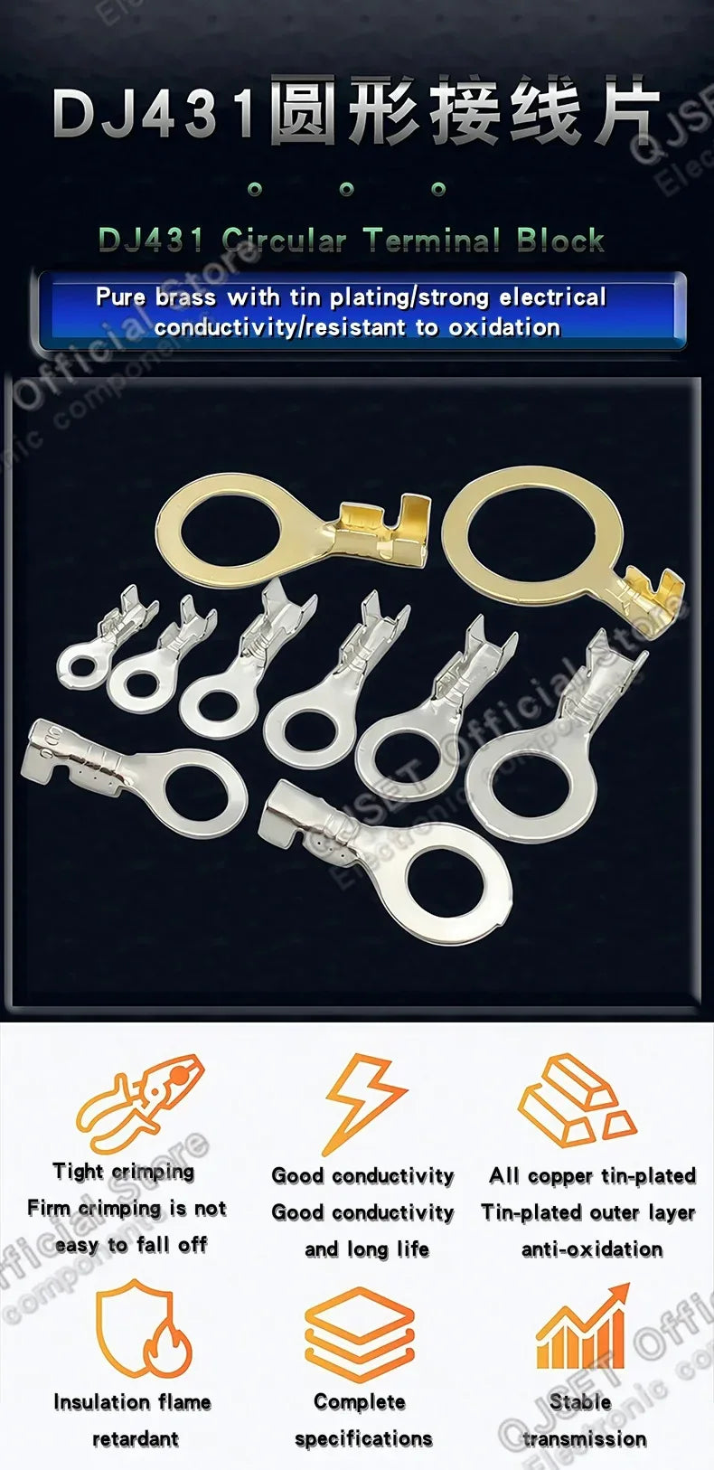 100PCS Circular Terminal Blocks DJ431 O-ring lugs Cold pressed connectors Copper lugs Terminal blocks Open ended bare ends 6.3mm