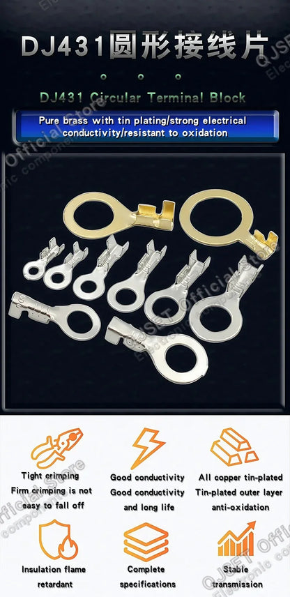 100PCS Circular Terminal Blocks DJ431 O-ring lugs Cold pressed connectors Copper lugs Terminal blocks Open ended bare ends 6.3mm