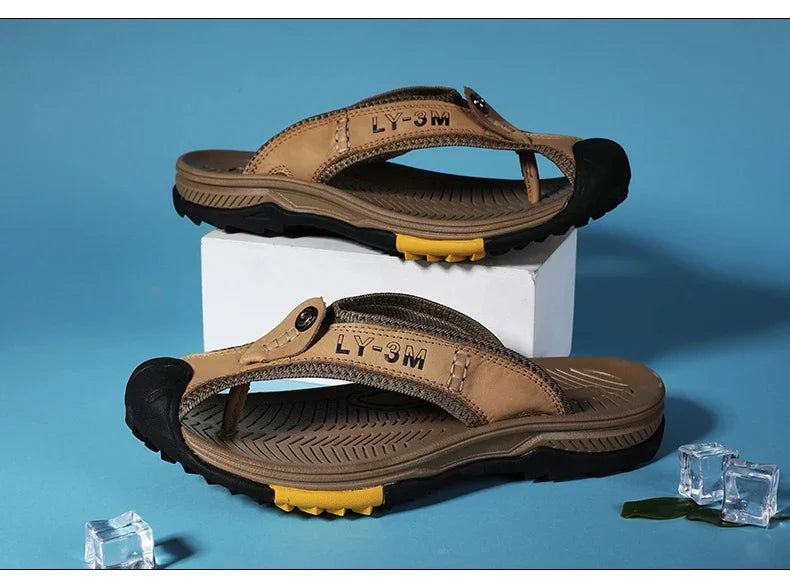 Genuine Cow Leather Shoes Men Sandals Mens Flip Flops Men's Casual Shoes Classic Massage Beach Slippers Anti-slip Summer 2025