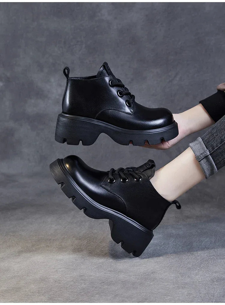 DRKANOL Luxury Design Genuine Leather Ankle Boots For Women Platform Casual Short Boots Women Winter Thick High Heel Warm Shoes