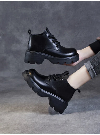 DRKANOL Luxury Design Genuine Leather Ankle Boots For Women Platform Casual Short Boots Women Winter Thick High Heel Warm Shoes