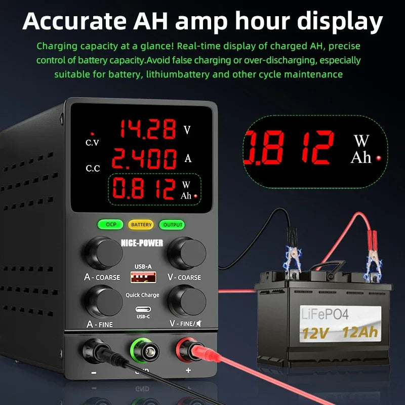NICE POWER Adjustable DC Power Supply 12V/24V Lead-acid Battery Charging Auto-Stop When Full Reverse Polarity Protection Source
