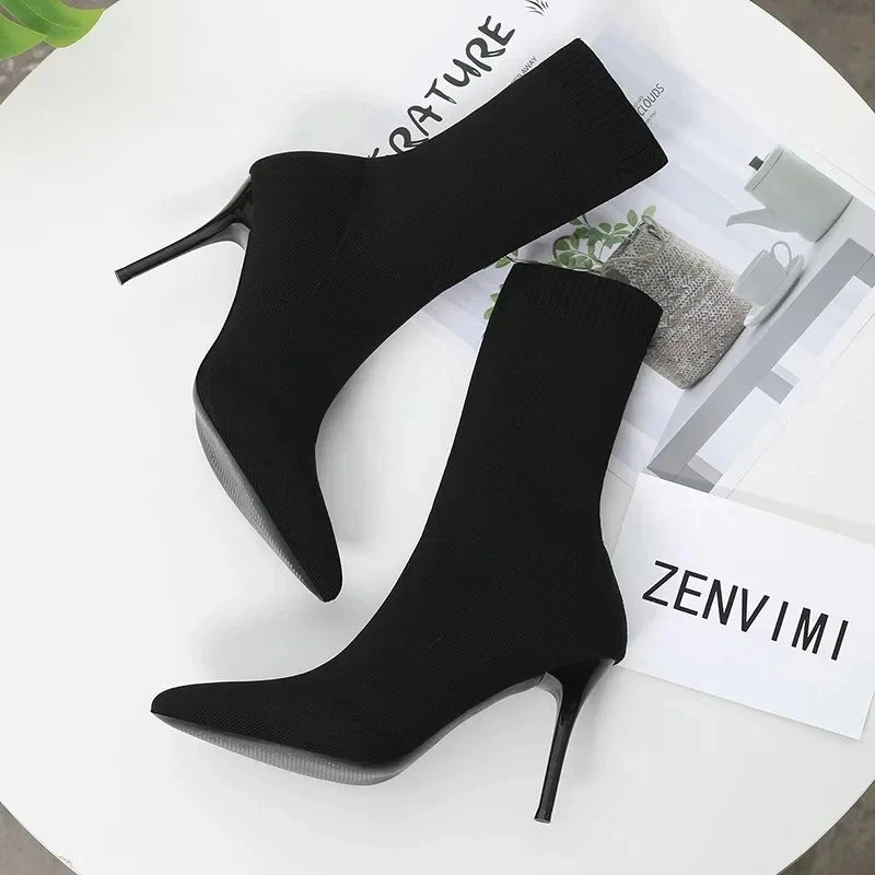 Comemore Knitting Stretch High Heels for Women Fashion Shoe 2025 Spring Autumn Ankle Boot Female Sexy Sock Boots Plus Size 34 42
