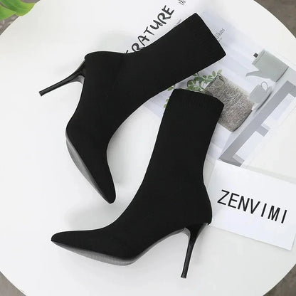 Comemore Knitting Stretch High Heels for Women Fashion Shoe 2025 Spring Autumn Ankle Boot Female Sexy Sock Boots Plus Size 34 42