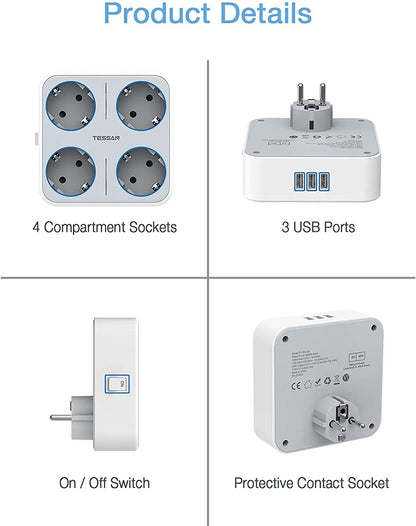 TESSAN Multiple Wall Socket Power Strip with 4 AC Outlets & 3 USB Ports 7 in 1 Adapter Overload Protection for Home Office