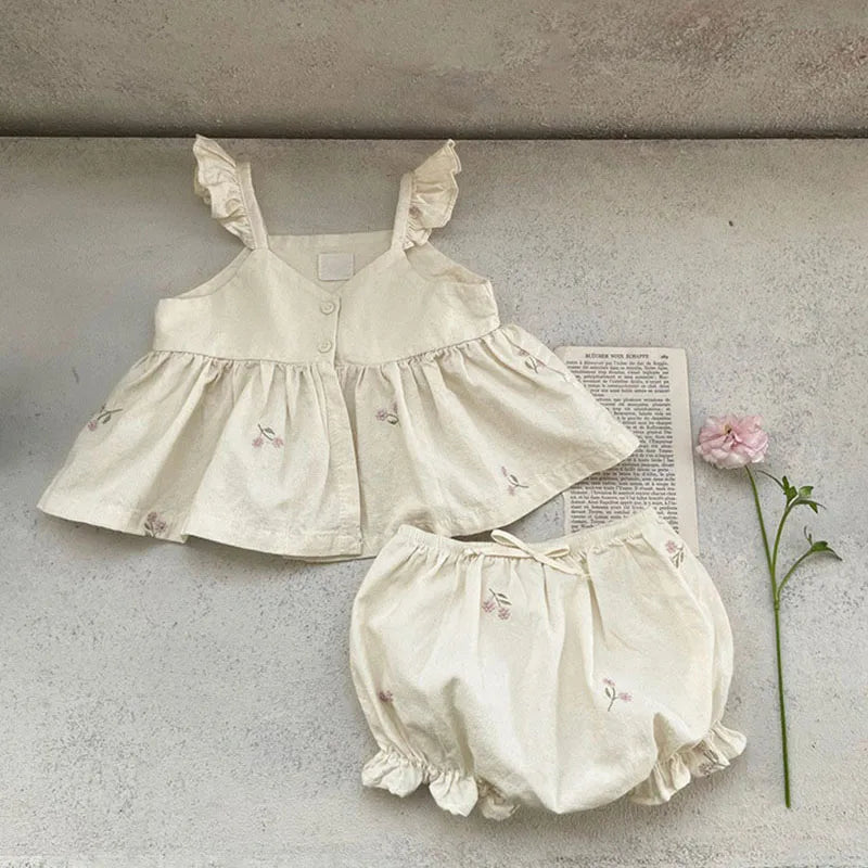 MILANCEL Baby Girl Summer Set Toddler Embroidered Ruffle Dress Top Shorts 2pcs