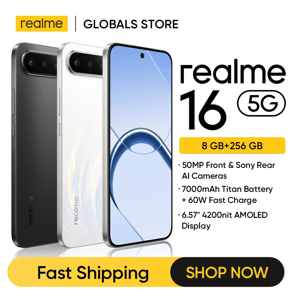realme 16 5G Smartphone NFC 6.57" 120Hz AMOLED Display Dual 50MP AI Camera 7000mAh Battery 60W Charge IP69 Pro